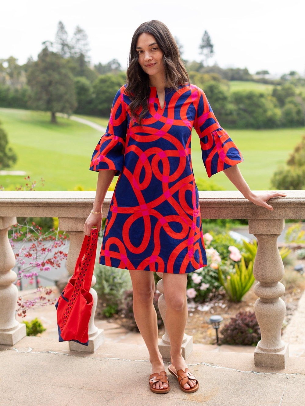 Lesley Evers Vera A Line Ribbon Navy Pink Red Boho Cocktail Dress Large